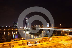 Night traffic on the bridge across the Dunai