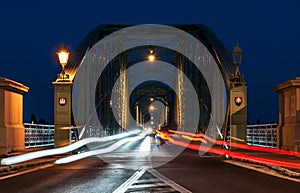 Night traffic on the bridge connecting two countries, Slovakia a