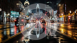 Night traffic in the city, skyscrapers illuminated, blurred motion of cars generated by AI