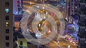 Night traffic between Dubai Marina and JBR aerial timelapse, UAE.