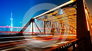 Night traffic lights through the Garden Bridge of shanghai