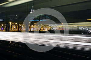 Night traffic lights with tracer, Cologne, Germany