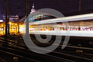 Night traffic lights with tracer, Cologne, Germany