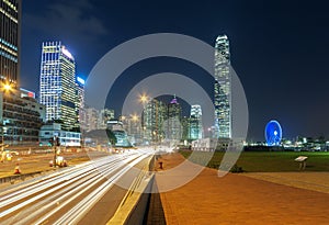 Night traffic and skyline of downtown district of Hong Kong