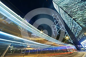 Night traffic and skyline of central district of Hong Kong city