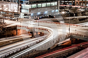 Night traffic in the West Loop at Randolph Street. Main streets in Chicago. Long exposure