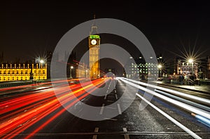 Night Traffic on Westminster Bridge By Big Ben, London, England