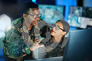 Night training, army and people with a computer for communication, planning strategy or surveillance. Cyber security