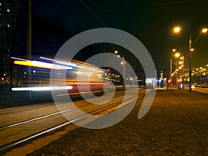 Night tram light trails