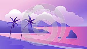 Night tropical coast landscape vector illustration, cartoon flat tropics purple romantic panoramic scenery with evening