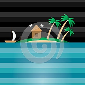 Night tropical island in the ocean with house, boat and palm trees. Relaxing night landscape. Boat with a sail and a hut. 