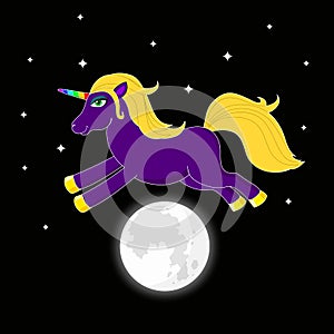 Night unicorn with multicolored horn jumping over moon. Cute fan