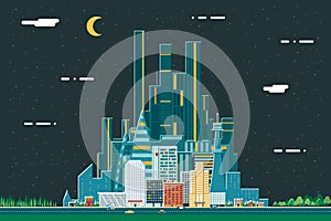 Night Urban Landscape City Real Estate Summer Background Flat Design Concept Icon Template Vector Illustration