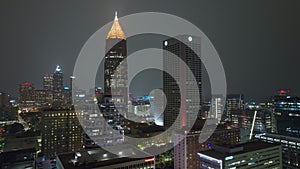 Night urban landscape of downtown district of Atlanta city in Georgia, USA. Skyline with brightly illuminated high