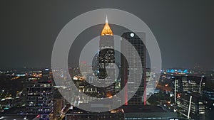 Night urban landscape of downtown district of Atlanta city in Georgia, USA. Skyline with brightly illuminated high