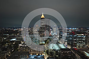 Night urban landscape of downtown district of Atlanta city in Georgia, USA. Skyline with brightly illuminated high