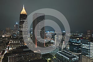 Night urban landscape of downtown district of Atlanta city in Georgia, USA. Skyline with brightly illuminated high