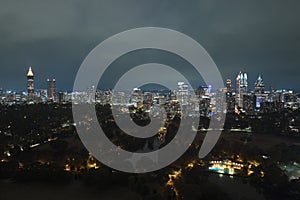 Night urban landscape of downtown district of Atlanta city in Georgia, USA. Skyline with brightly illuminated high