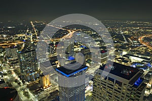 Night urban landscape of downtown district of Tampa city in Florida, USA. Skyline with brightly illuminated high