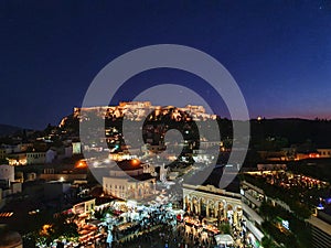 Night view of Acropolis over Moanstiraki square