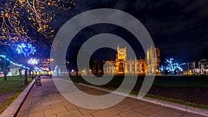 Night View Across Collage Green of Bristol Cathedral at Christmas