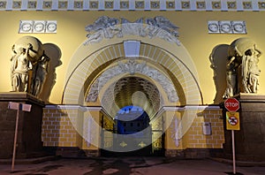 Night view of the Admiralty and facade details in Staint-Petersburg, Russia, close-up