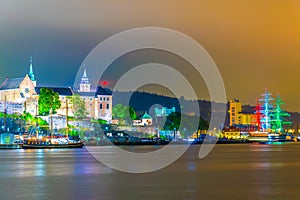 Night view of the Akershus fortress in the norwegian capital Oslo...IMAGE