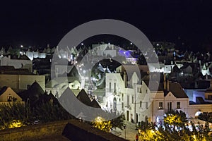 Night view of Alberobello town in South Italy, famous for its Trulli