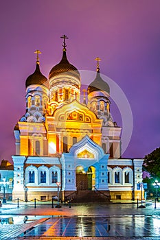 Night view of the Alexander Nevski Russian Orthodox Cathedral in Toompea part of Tallin, Estonia...IMAGE