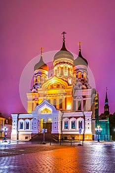 Night view of the Alexander Nevski Russian Orthodox Cathedral in Toompea part of Tallin, Estonia...IMAGE