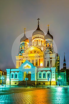 Night view of the Alexander Nevski Russian Orthodox Cathedral in Toompea part of Tallin, Estonia...IMAGE