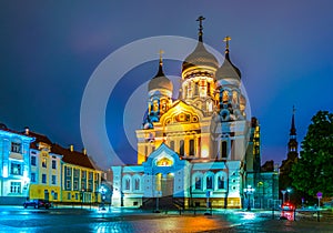 Night view of the Alexander Nevski Russian Orthodox Cathedral in Toompea part of Tallin, Estonia...IMAGE