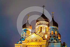 Night view of the Alexander Nevski Russian Orthodox Cathedral in Toompea part of Tallin, Estonia...IMAGE