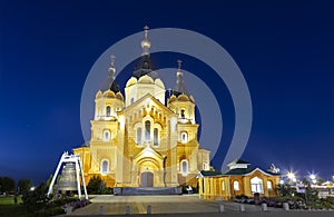 Night view of Alexander Nevsky Novoyarmarochny Cathedral and cathedral bell in Nizhny Novgorod.