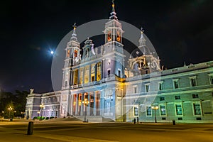 Night view of the Almudena cathedral in Madrid