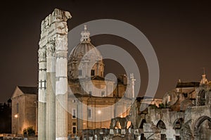 Night view of the ancient Roman forum in Rome, Italy