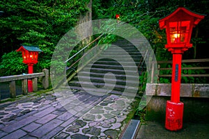 The night view of the approach to the Hakone shrine in a cedar forest. With many red lantern lighted up photo