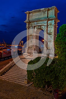 Night view of Arco di Traiano in Italian port Ancona