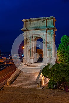 Night view of Arco di Traiano in Italian port Ancona