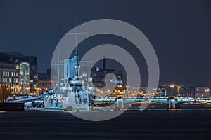 Night view of the Avrora cruiser - a museum ship
