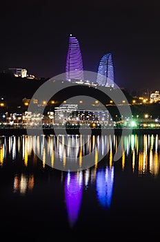 Night view of Baku with the Flame Towers and National Boulevard