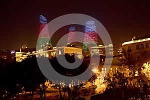 Night view of Baku with skyscrapers of the Flame Towers . It is the tallest skyscraper in Baku, Azerbaijan with a height