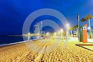 Night view of Barceloneta port and beach, Barcelona