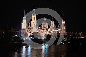 Night View Of The Basilica Of The Virgen Del Pilar And Ebro River, Zaragoza, Aragon, Spain.