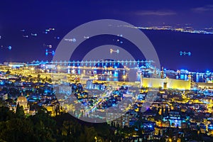 Night view of the bay of Haifa and the harbor