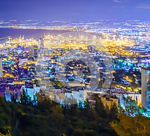 Night view of the bay of Haifa and the harbor