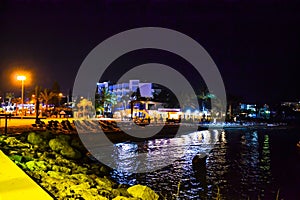 Night view of the bay with ships Ayia Napa. Cyprus