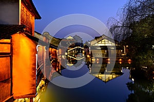 Night view of beautiful canal in water town in southern China