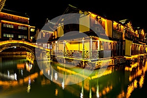 Night view of beautiful canal in water town in southern China