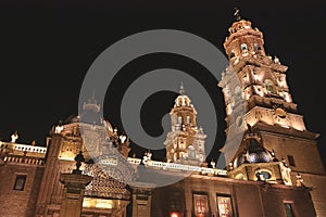 Night view, cathedral of morelia in michoacan, mexico XIX